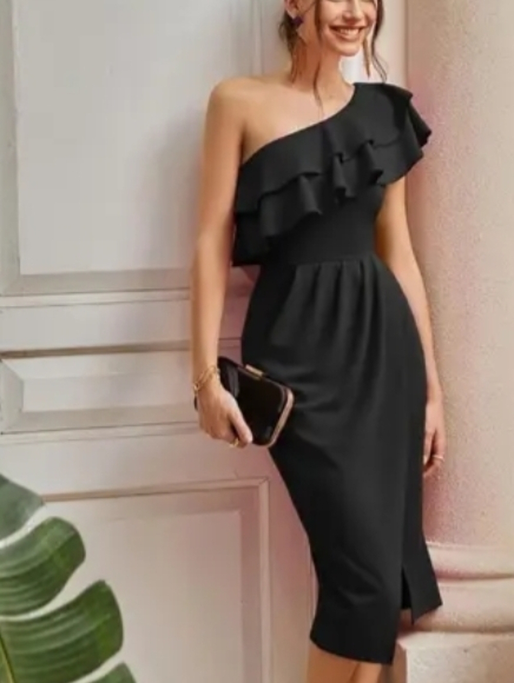 Grace Karin NWT One-Shoulder Black Ruffle Midi Dress Sz S - Picture 8 of 11
